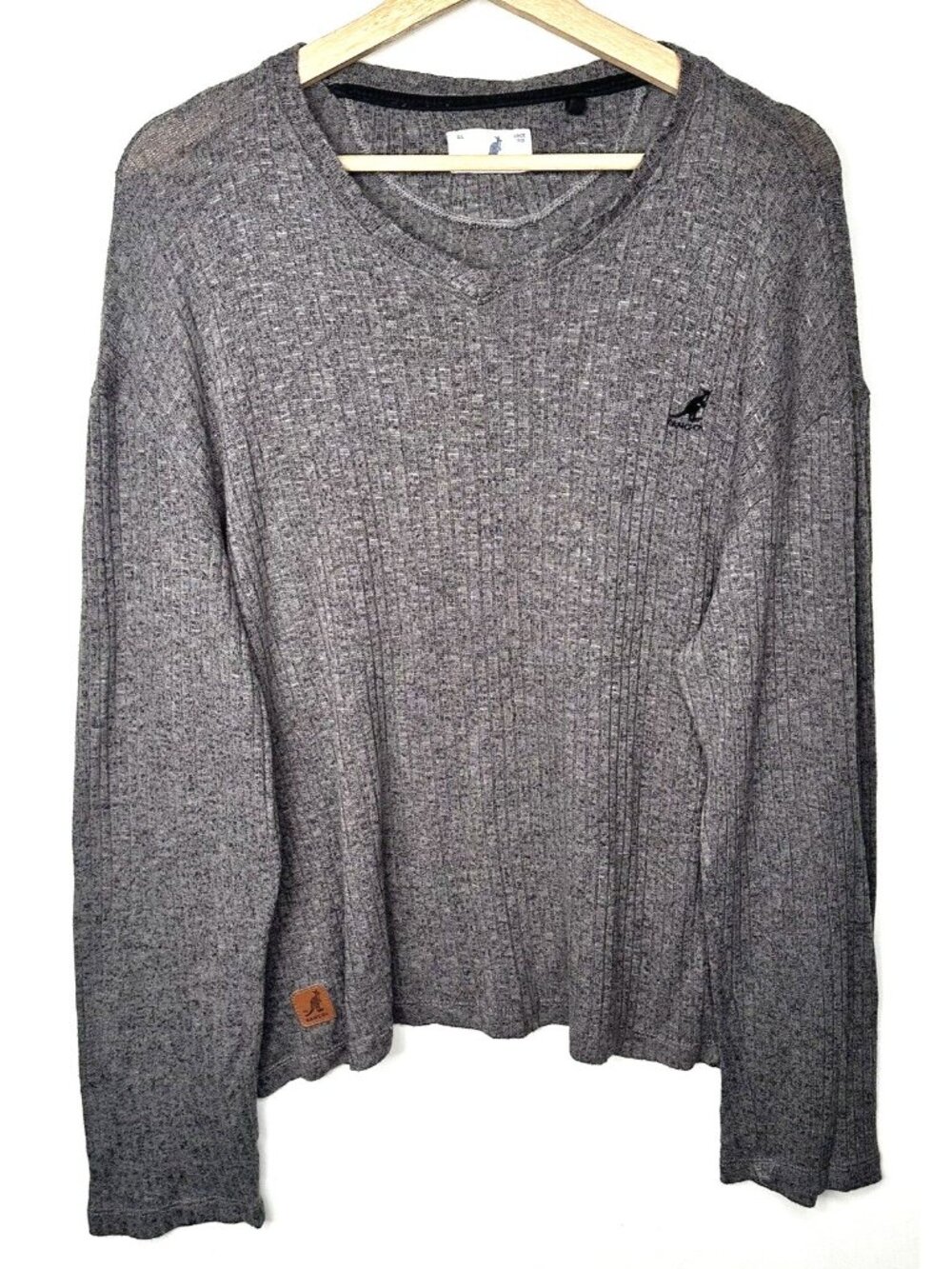 Kangol Ribbed Sweater Top Womens L Gray Lightweight Long Sleeve Pullover Logo